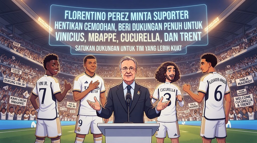 Florentino Perez Minta Suporter Real Madrid Hentikan Cemoohan, Beri Dukungan Penuh untuk Vinicius, Mbappe, Cucurella, dan Trent